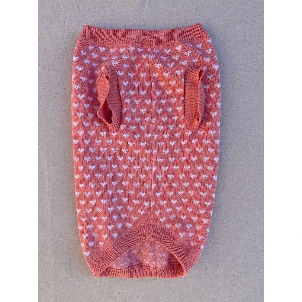 Coral Pink Heart Pattern Knit Pet Sweater Sleeveless Dog Cat Jumper Small